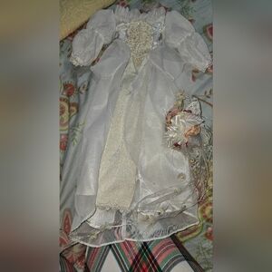 Elegant White and Cream Wedding Dress with Wig, Bouquet, & Necklace For Doll